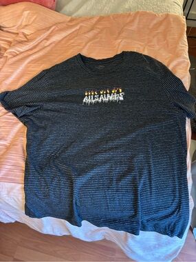 AllSaints Black and White Striped Crew Neck Tee with Embroidered Logo